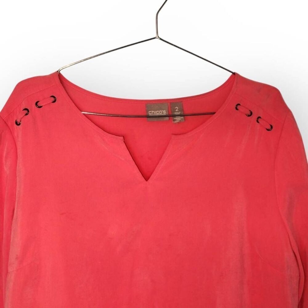 Chicos Peach Silk Blouse Sz 2 US 12 | Roll Tab Sleeve Coastal Classic Beachy Top - Picture 9 of 9